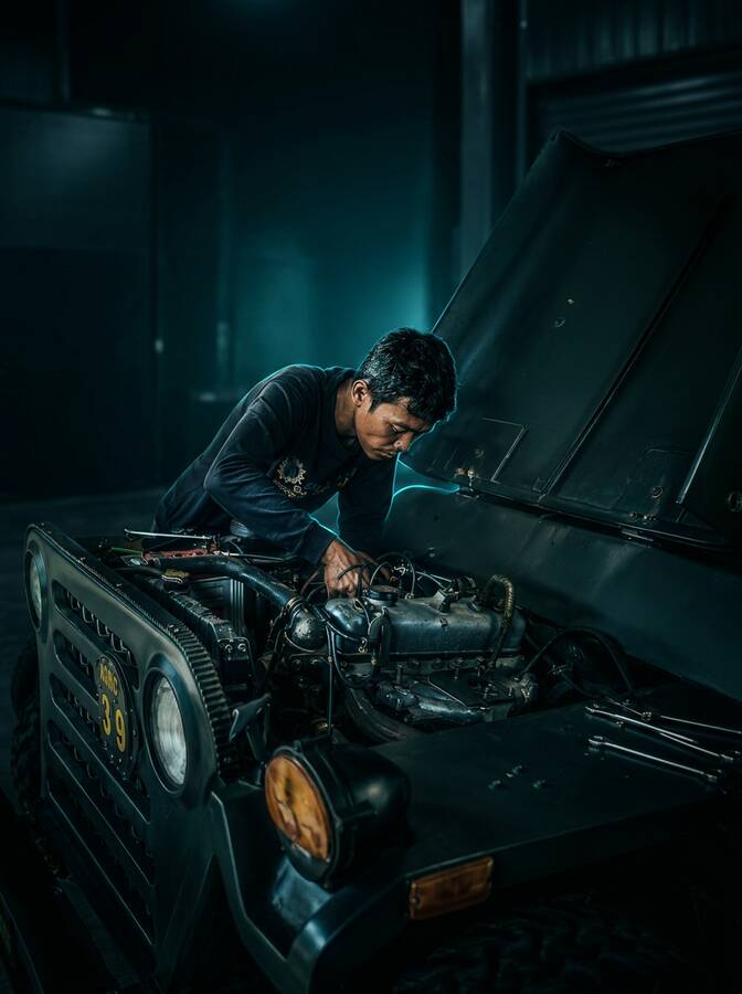 Montir profesional MontirJakarta.id tiba di lokasi mobil mewah malam hari